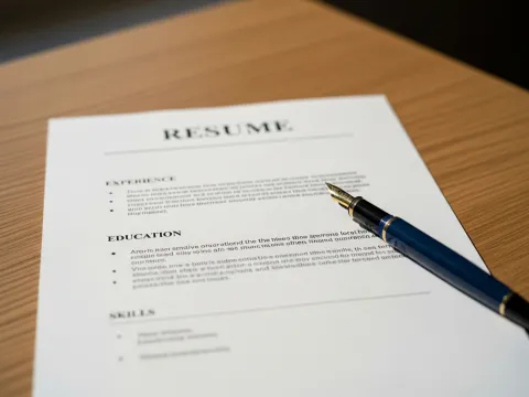 A printed paper resume on a wooden desk.