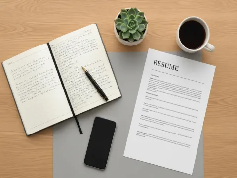 A flat lay of a notebook, fountain pen, printed resume, plant, and tea cup on a wooden desk.