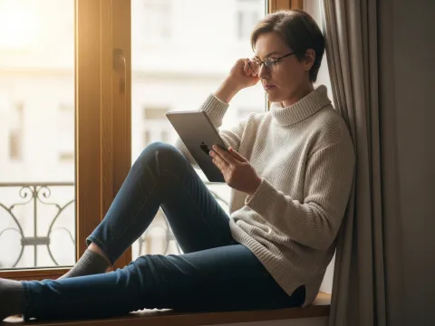 A person reading from a tablet while sitting on a sunlit window sill.