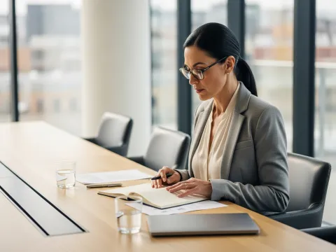 A senior professional reviewing notes at a clean modern conference table.