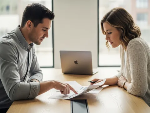 Two professionals reviewing a printed document together at a bright modern office table.