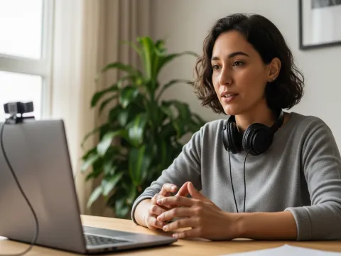 A person speaking into a laptop webcam during a video interview in a quiet home office.