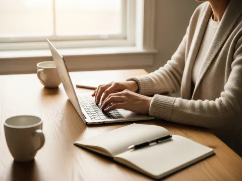 A laptop, coffee mug, and notebook on a warm wooden desk by a sunlit window.