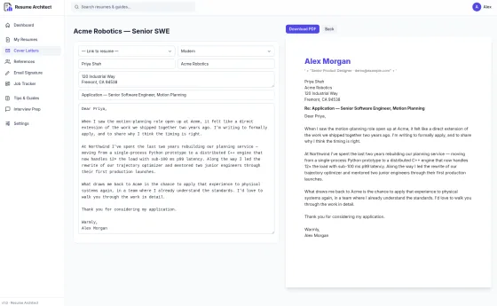 The Resume Architect cover letter editor with a recipient block, body, and live PDF preview.