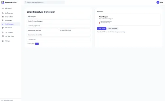 Email Signature Generator with a form for name, role, contact, links, and accent color, and a live preview.