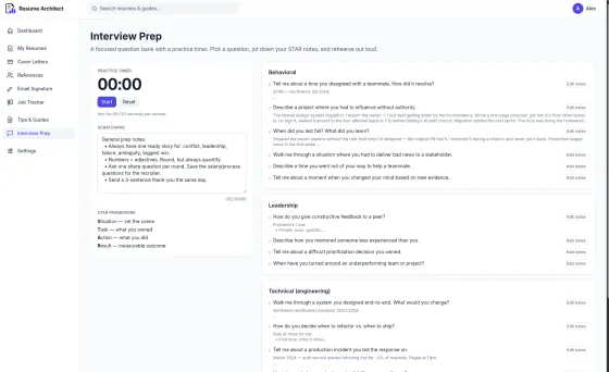 Interview Prep page with a practice timer, STAR scratchpad, and a behavioral question bank.