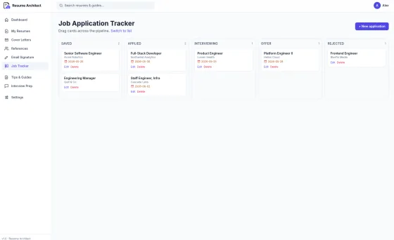 Job application tracker showing Kanban columns for Saved, Applied, Interviewing, Offer, and Rejected.