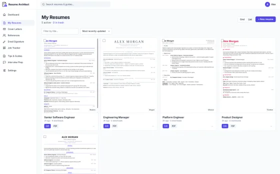 My Resumes view showing a grid of five resume thumbnails with edit and PDF buttons on each card.