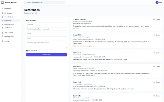 References book showing several contacts with relationship, email, phone, and private notes.