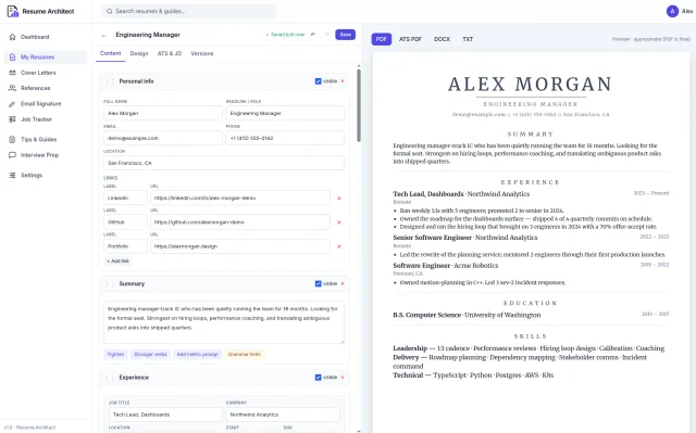 The Resume Architect resume editor showing an engineering manager resume with a live PDF preview.